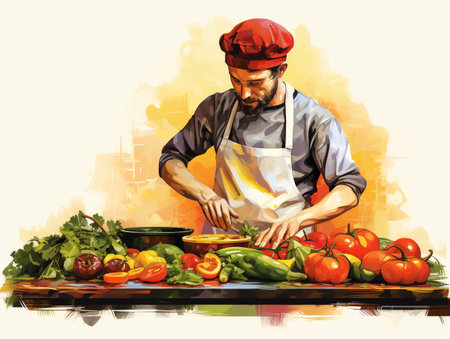 Vector illustration of a male chef cutting vegetables in a restaurant kitchen.の素材