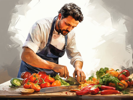 Handsome man cutting vegetables in the kitchen, vector illustration.の素材