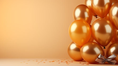 3d render of golden balloons with bow and confetti on orange backgroundの素材