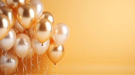 Golden balloons with ribbons on yellow background. 3D Renderingの素材