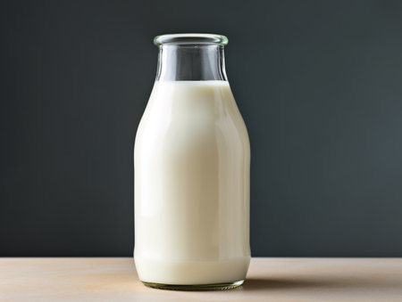 Bottle of fresh milk on table against grey background, closeupの素材