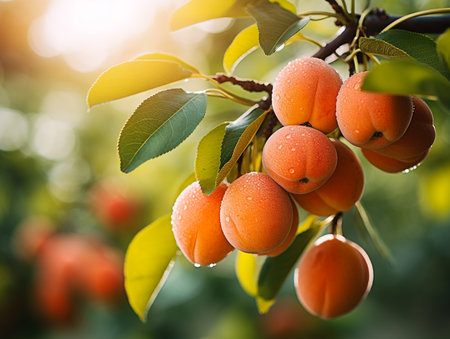 Ripe apricots on the tree in the orchard.の素材