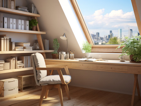 Interior of a modern office with a bookcase and a chair. 3d renderingの素材