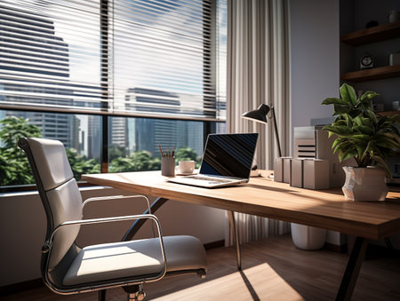 Photo pour Modern office interior with wooden desk and chair. 3D Rendering - image libre de droit