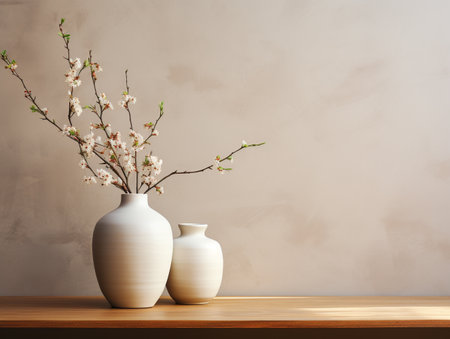 Vase with blooming branches on wooden table against beige wallの素材
