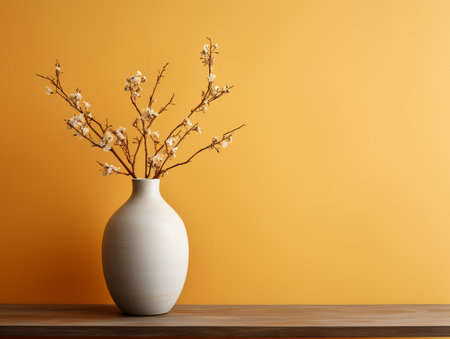 Vase with beautiful blossoming branches on wooden table against orange backgroundの素材