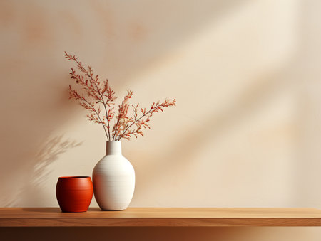 Vase with dried flowers on wooden shelf against beige wall. 3d renderの素材