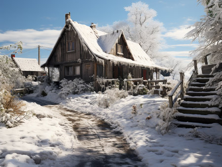 Old wooden house in the village at winter time. Winter landscape.の素材
