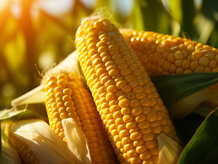 Ripe corn on the cob in the field, close-upの素材
