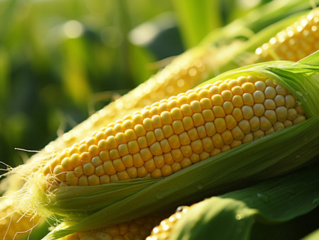 Ripe corn on the cob in the field, close-upの素材