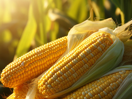 Ripe corn on the cob in the field, close-upの素材