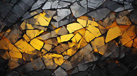 Broken mosaic of black and yellow tiles. Abstract background for design.の素材