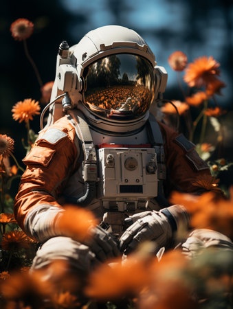 Astronaut in the field of flowers. Photo in old color image style.の素材