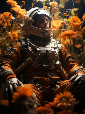 Astronaut sitting in the field of flowers and looking at the cameraの素材