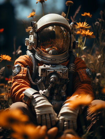 Astronaut sitting on the grass in the field of flowers.の素材