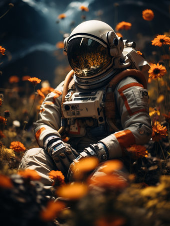 Astronaut sitting in the field of flowers and holding camera.の素材