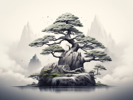 Bonsai tree on a rock in the mist. Vector illustration.の素材