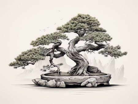 Bonsai tree in the form of a ball. Hand drawn illustration.の素材