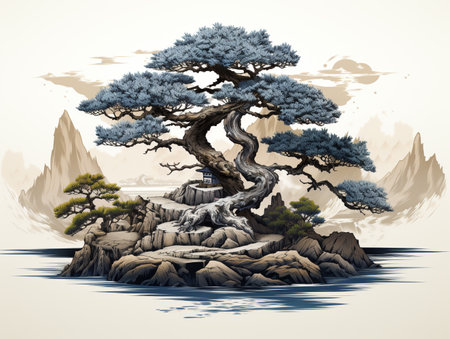 Bonsai tree on the island in the sea. Vector illustration.の素材