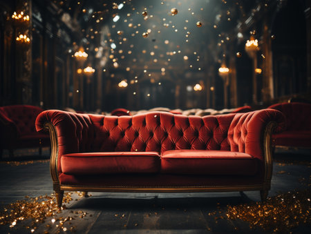 Luxury red leather sofa with christmas lights in the roomの素材