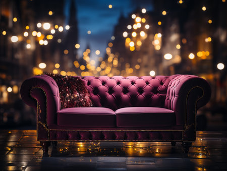 Luxury purple leather sofa in the city at night with Christmas lightsの素材