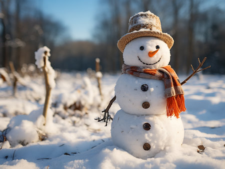 Snowman in hat and scarf on a background of winter forest.の素材