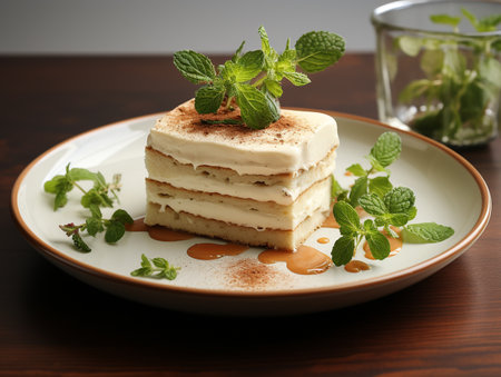 Tiramisu cake on a white plate with mint and caramelの素材