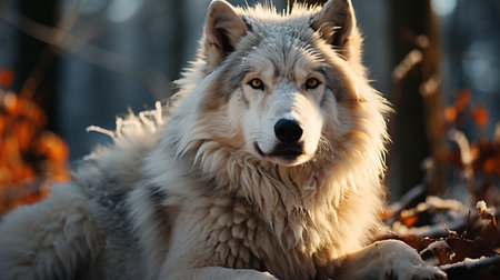 Portrait of a wolf in the autumn forest. Beautiful dog.の素材