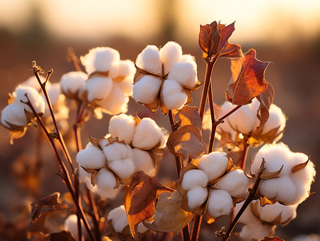 Cotton plant on field at sunset. Close-up of fresh cotton flowers.の素材
