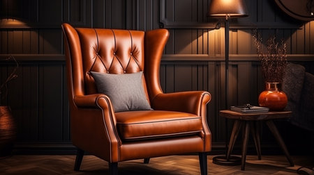 Luxury leather armchair with pillows in a dark roomの素材