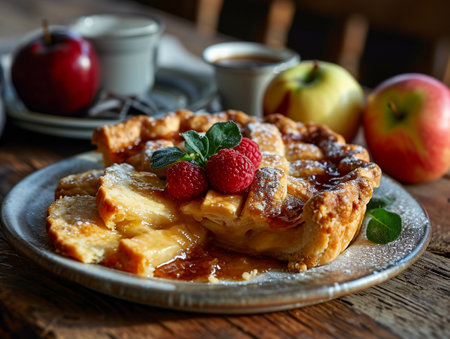 Delicious apple pie with raspberries and honey on wooden tableの素材