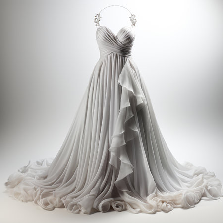 wedding dress on a hanger on a gray background.の素材