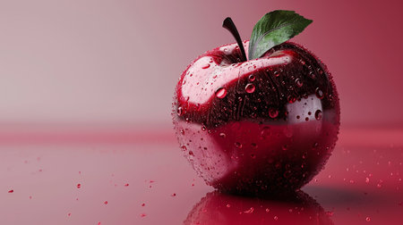 Red apple with water drops on a red background. 3d illustrationの素材