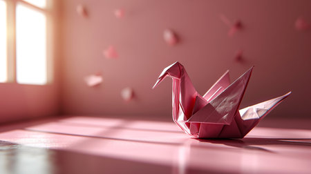Paper origami swan in pink room with window. 3d renderingの素材