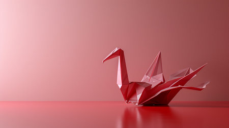 Red origami swan on a pink background. 3d renderingの素材