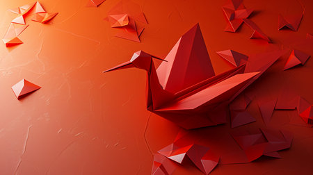 Red origami ship on a red background. 3d illustration.の素材