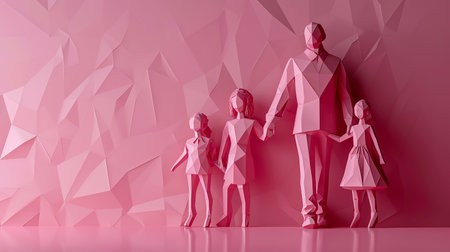 3d rendering of a family in origami style on pink backgroundの素材