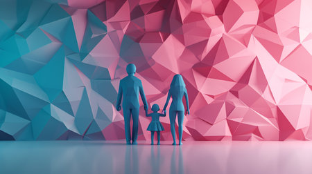 3d illustration of family standing in front of polygonal backgroundの素材