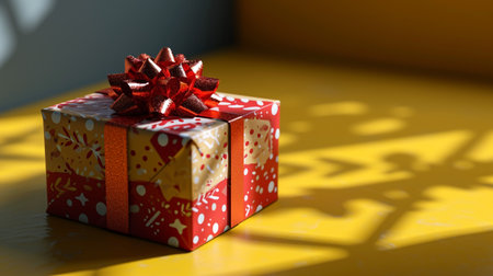 Gift box with red bow on yellow background. Copy space.の素材