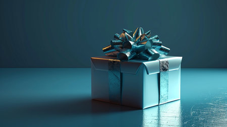 Gift box with blue bow on blue background. 3D renderingの素材