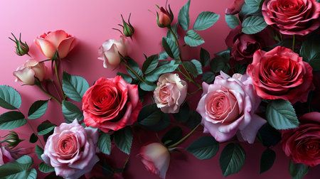 Bouquet of pink and red roses on a pink background.の素材