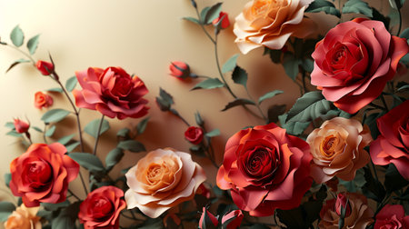 Beautiful roses on color background, top view. Floral decorの素材