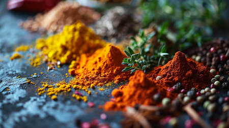 Variety of spices and herbs on a dark rustic background.の素材