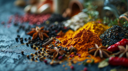 Spices and herbs on a black background. Food and cuisine ingredients.の素材