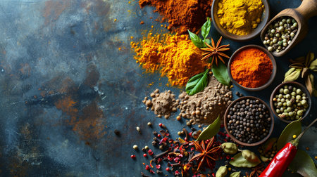 Spices and herbs on stone background. Food and cuisine ingredients.の素材