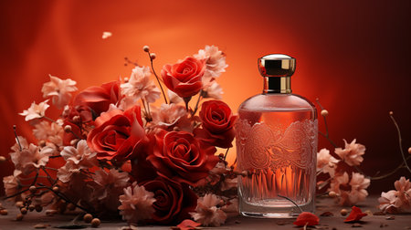 Perfume bottle with red roses on a wooden table. Red backgroundの素材