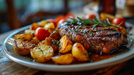 Beef Steak with Potatoes and Rosemary on wooden tableの素材