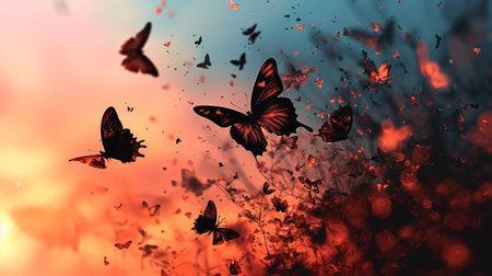 butterflies flying in the meadow at sunset, nature backgroundの素材