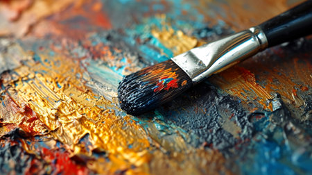 Paint brush with oil paint on a palette close-up.の素材