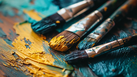 Paint brushes and palette of oil paints on a wooden background.の素材